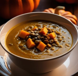 a bowl of soup with a pumpkin spiced up in the middle