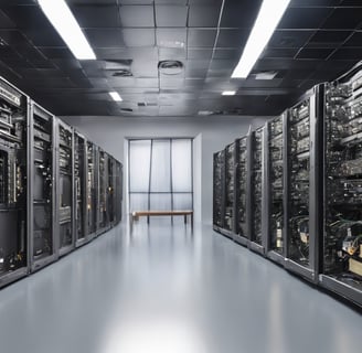 a long hallway with a long row of servers and a bench in the middle