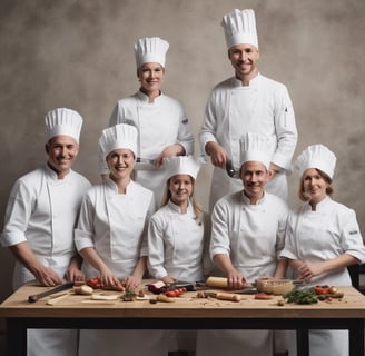 A commercial kitchen setting with chefs in white uniforms and black hats working at the counter. The kitchen is equipped with shiny metal bowls, cooking pots, and utensils. The background features a wall adorned with vibrant photographs of musicians.