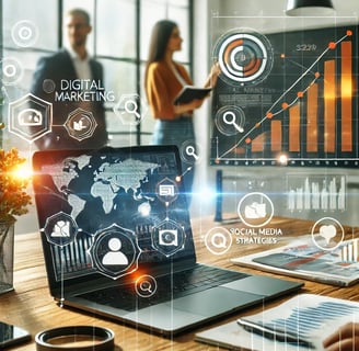 A modern digital marketing workspace with a laptop displaying analytics, social media icons floating
