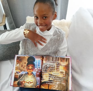Une jeune fille tient un livre personnalisé illustré d'une héroïne découvrant un bracelet magique