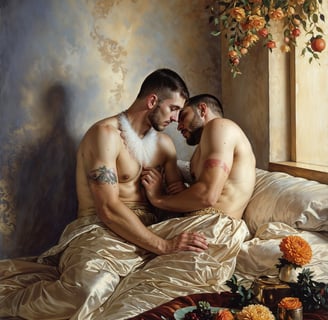 two men sitting on a bed