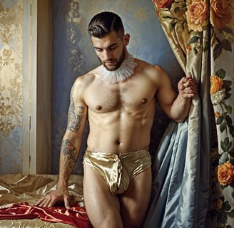 a man in a gold bikinisuit with a white collared shirt