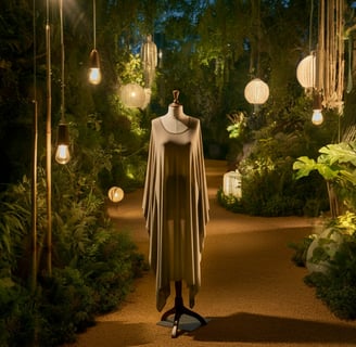 a dress form in a garden with hanging lanterns