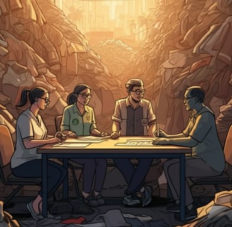 a group of people sitting at a table next to a mountain of fashion waste