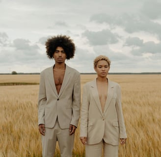 a man and woman standing in a field