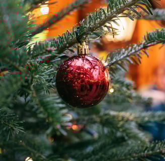 a christmas tree with a red ornament ball ornament