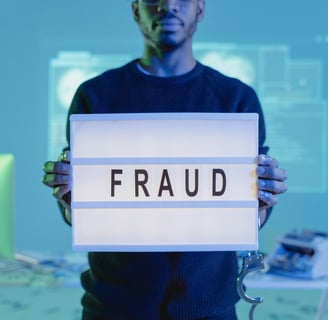 a man holding a sign that says fraud