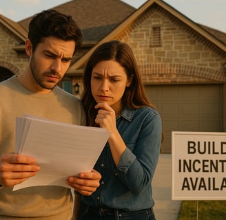 A concerned couple reviews paperwork in front of a new suburban home in Hurst-Euless-Bedford, Texas.