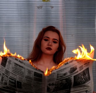 Woman holding a newspaper that is on fire.