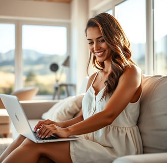 a happy attractive business woman sitting on a couch with a laptop taking a business assessment