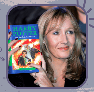 a woman holding a book about harry potter potter
