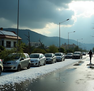 a man walking down a street with cars parked on the side of the road