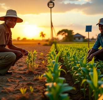 two men in hats and hats are standing in a field