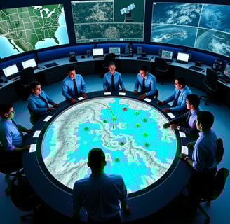 a group of people sitting around a table with a map of the world