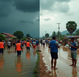 a group of people walking down a flooded street