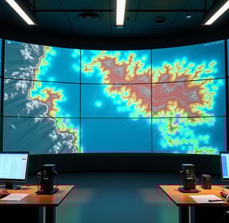 a man sitting at a desk with multiple monitors and a map of the world