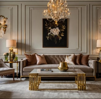 Luxurious living room with brass accents in lighting, sconces, coffee table, and vase.