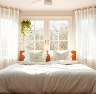 Cozy spring bedroom with white bedding, warm throw, wooden nightstand, and natural light from Regal Touch Home.