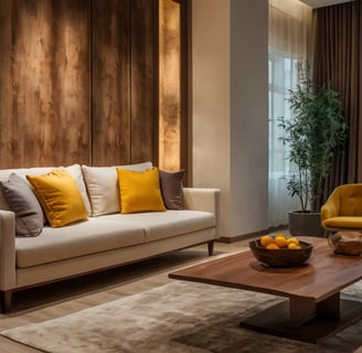 Cozy living room with warm palette and sofa, featured by Regal Touch Home.