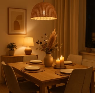 Cozy modern dining room with wooden table, neutral upholstered chairs, warm ambient lighting, decorative autumn centerpiece, 