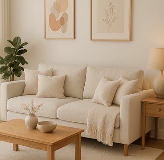 Modern living room with plush beige sofa, soft textures, and warm lighting creating a cozy and inviting vibe