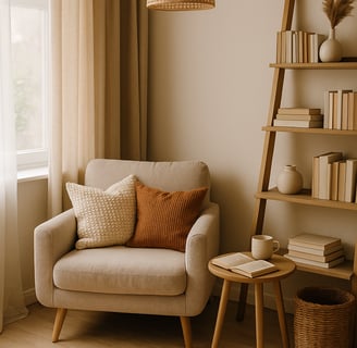 Cozy reading nook with a neutral armchair, soft textured pillows, chunky knit blanket, wooden side table, and bookshelf, bath