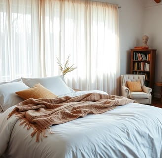 Cozy spring bedroom with white bedding, warm throw blanket, wooden nightstand, and natural light through sheer curtains, feat