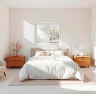 Minimalist bedroom with a bed and cozy chairs for energy flow, by Regal Touch Home.