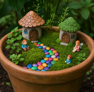 Miniature fairy garden made from a repurposed flower pot with tiny houses, moss, colorful pebbles, and small figurines nestle