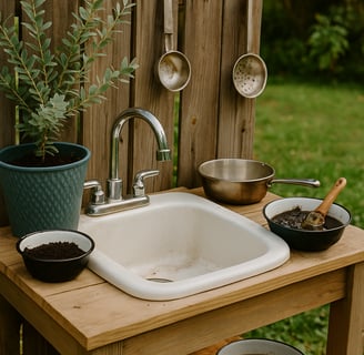 Repurposed sink used in a backyard mud kitchen setup with potted plants and play utensils.
