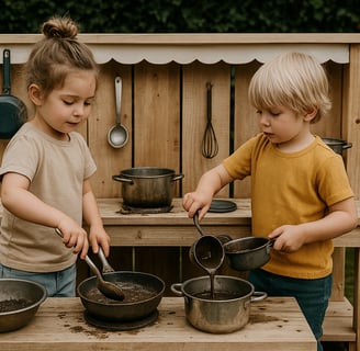 DIY mud kitchen with overhead shade canopy, natural wood counter, and kids playing in a sun-safe environment.