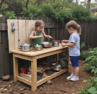DIY mud kitchen with overhead shade canopy, natural wood counter, and kids playing in a sun-safe environment.