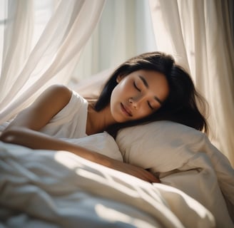 Person sleeping peacefully in bed with cozy bedding, by Regal Touch Home.