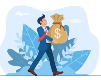 Illustration of a confident man in a business suit carrying a large money bag with a dollar sign, representing financial succ