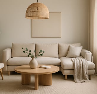 Modern cozy home interior featuring neutral tones, plush textures, warm lighting, and natural elements for a welcoming atmosp