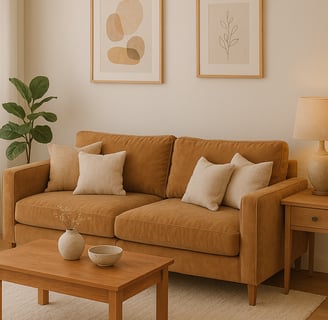 Cozy modern sofa with velvet fabric and layered pillows in a serene living room setting