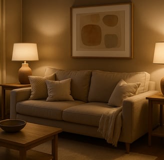 Living room with dimmable warm lighting, table lamps, and linen shades creating a soft glow