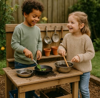 DIY mud kitchen with overhead shade canopy, natural wood counter, and kids playing in a sun-safe environment.