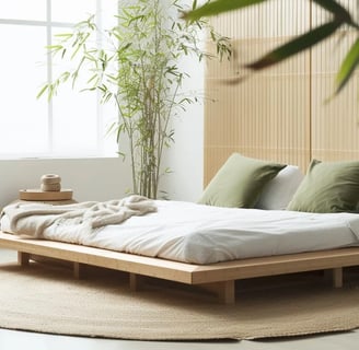 Minimalist bedroom with natural textures and plants, by Regal Touch Home.