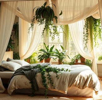 Nature-inspired bedroom with plants and canopy bed, by Regal Touch Home.