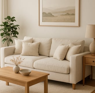 Soft neutral-toned living room with cozy furniture and subtle decor accents