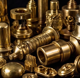 Variety of brass hardware details for home decor, highlighting different textures and sheens.