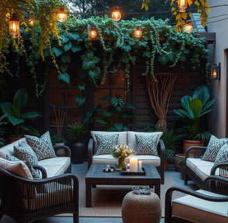 Cozy outdoor patio with wicker furniture and string lights, Regal Touch Home