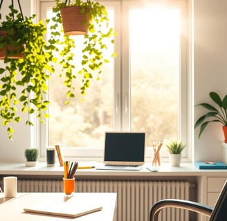 Regal Touch Home summer office with a fan, indoor plants, and sunlight for eco-friendly, energy-efficient cooling.