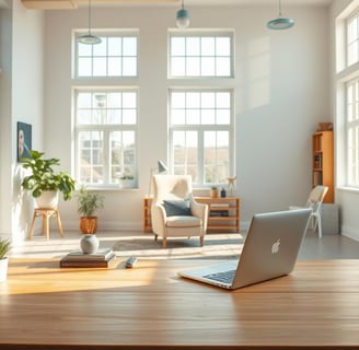 Regal Touch Home minimalist office with natural light, wooden desk, and indoor plants.