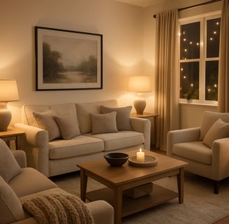 Modern cozy living room with neutral beige and cream tones, soft textured pillows, warm ambient lighting, wooden coffee table