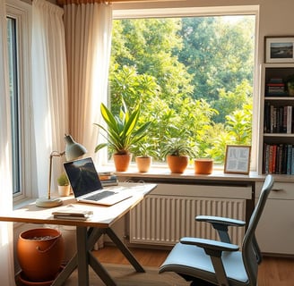 Regal Touch Home summer office with desk near window, sheer curtains, and plants to reduce sunlight and glare