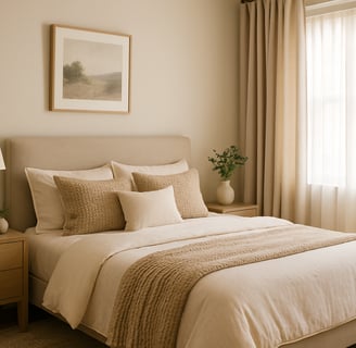 Serene cozy bedroom with neutral beige tones, plush bed, soft textured pillows, wooden nightstands, and natural light through