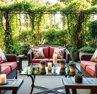 Wicker outdoor furniture with red cushions on a patio, Regal Touch Home